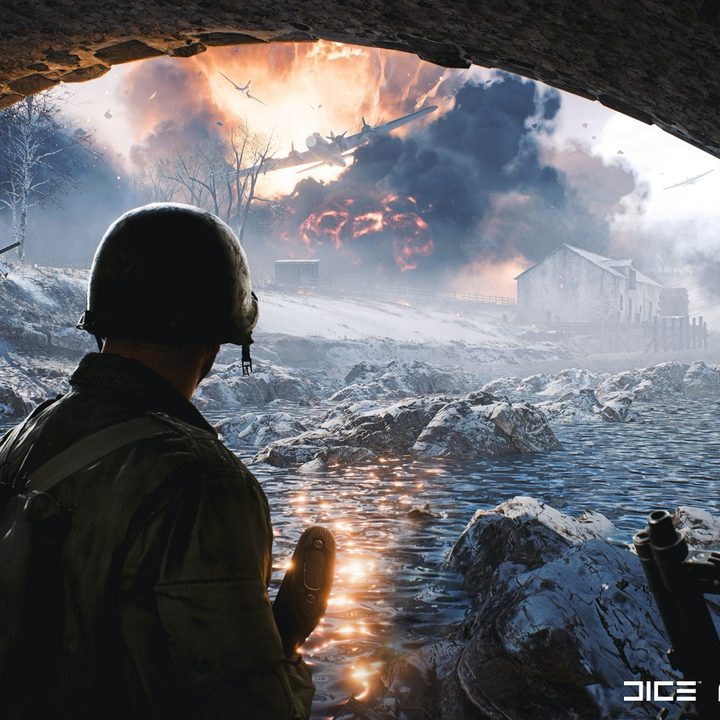 Battlefield soldiers looking as a plane bombs houses in the distance.