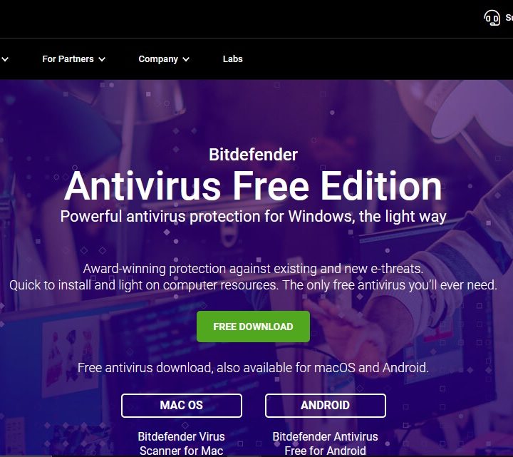 Bitdefender Antivirus Free website screenshot showing where to download the free version of the app.