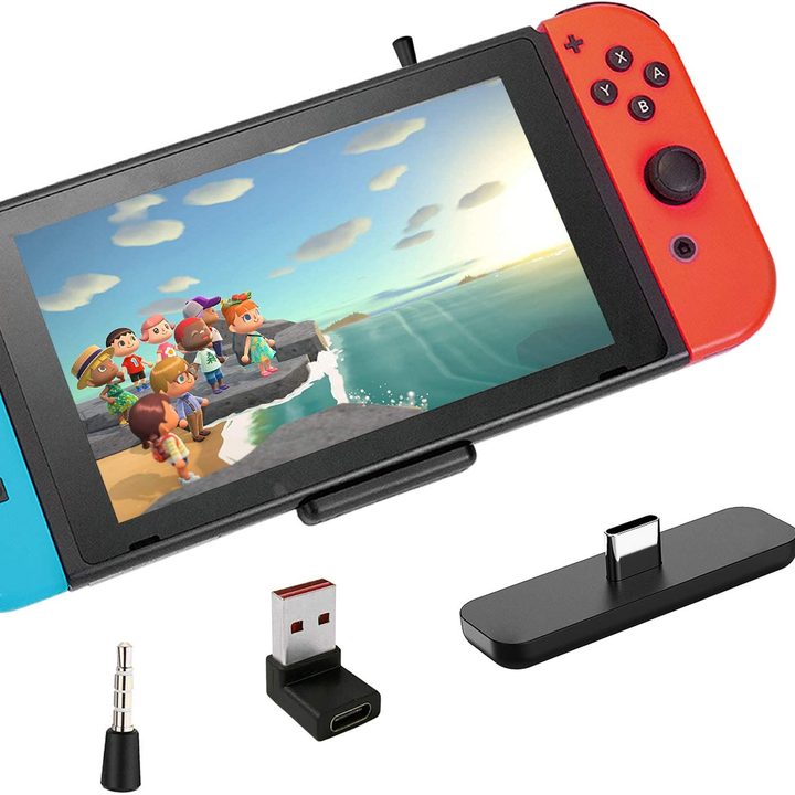 Third-party receiver used for wireless headphones on Nintendo Switch.