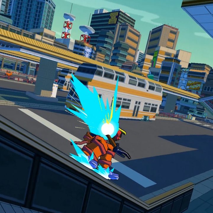 Bomb Rush Cyberfunk screenshot of a character rail grinding.