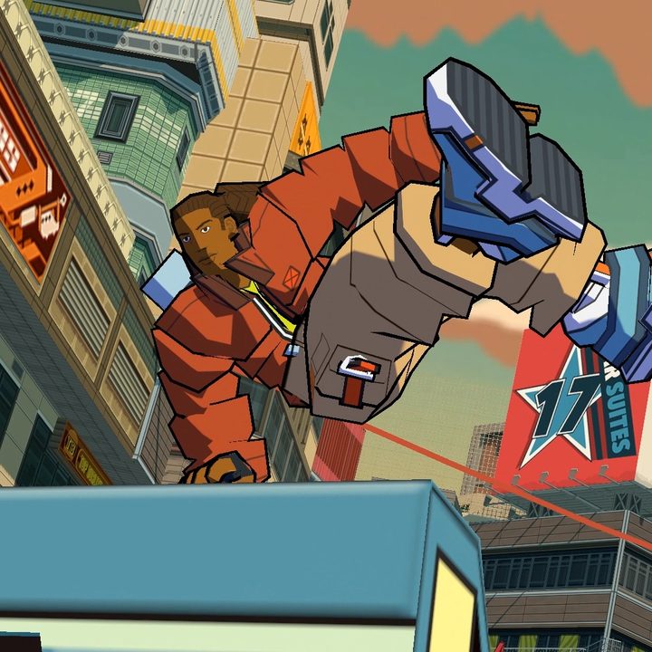 A character parkours over a box in Bomb Rush Cyberfunk.