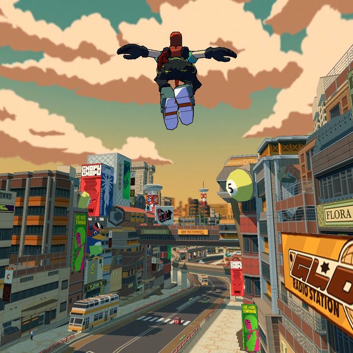 Bomb Rush Cyberfunk screenshot of a character leaping through the city.