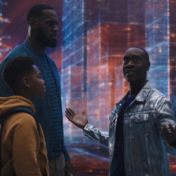 Cedric Joe, LeBron James, and Don Cheadle in a scene from Space Jam: A New Legacy.