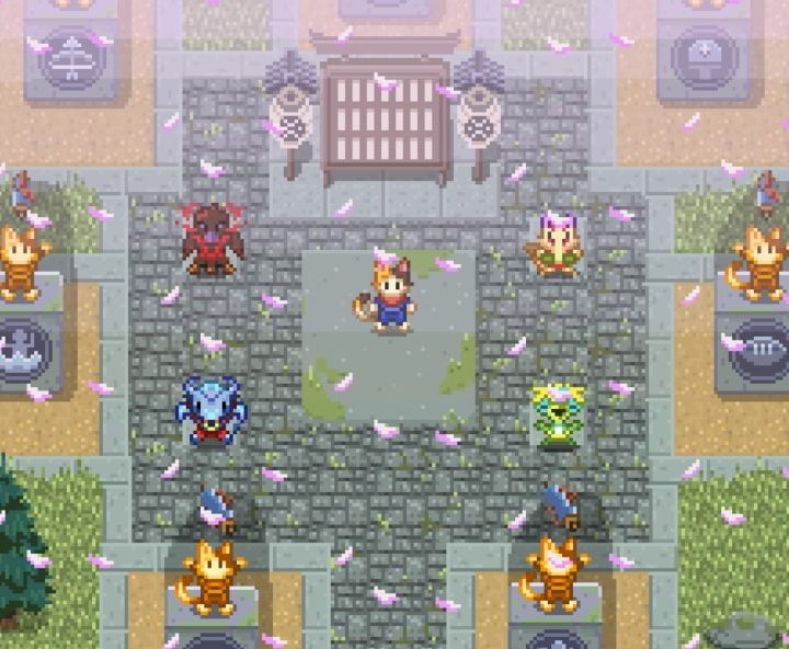Animals stand in a plaza in Champion Island Games.