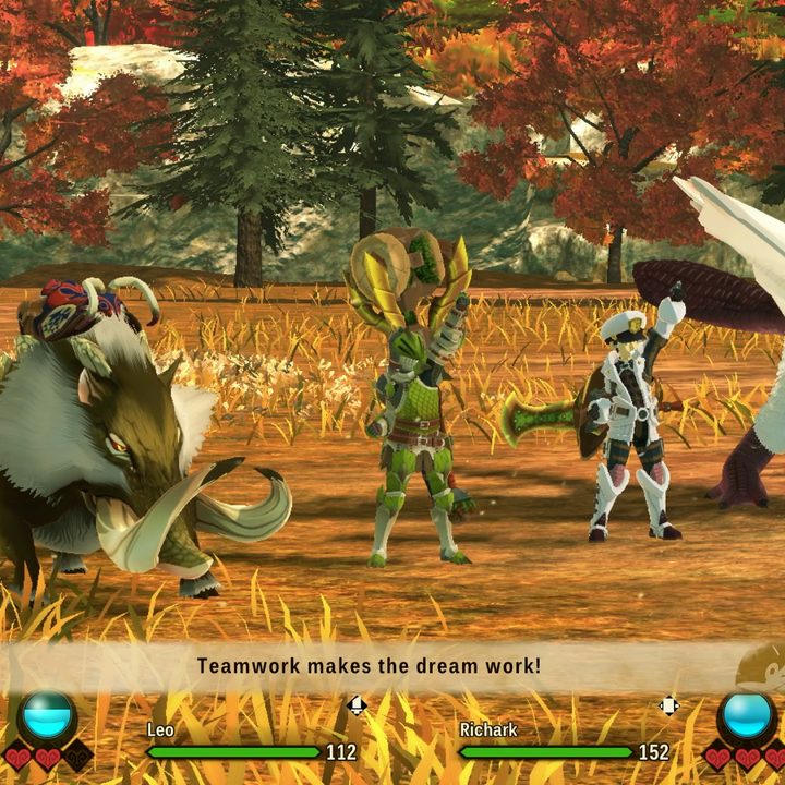 The player and a co-op ally celebrating victory with arms raised.