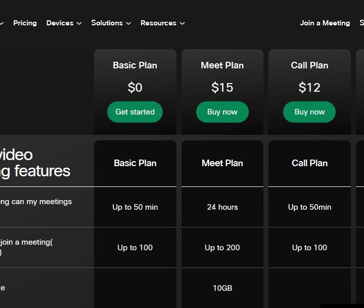 Cisco Webex pricing screenshot.