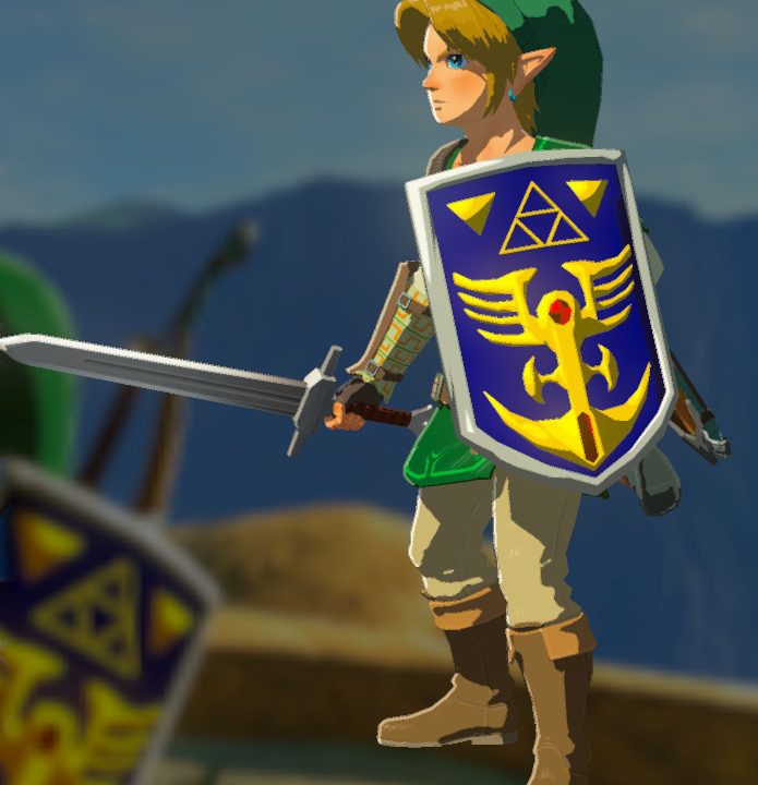 Link standing with a sword and shield.