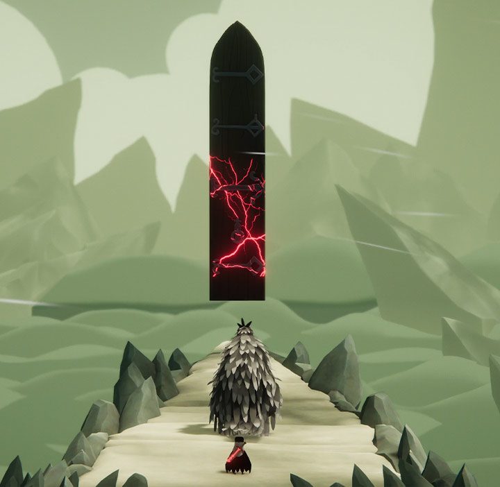 A crow stands in front of a giant obelisk in Death's Door.