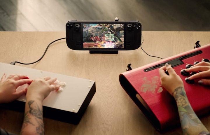 The Steam Deck connected to controllers.