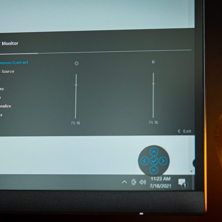 Closeup image of the Dell 32 4K USB-C Hub monitor brightness settings.