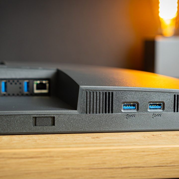 View of the Dell 32 4K USB-C Hub monitor's plug ins and ports.