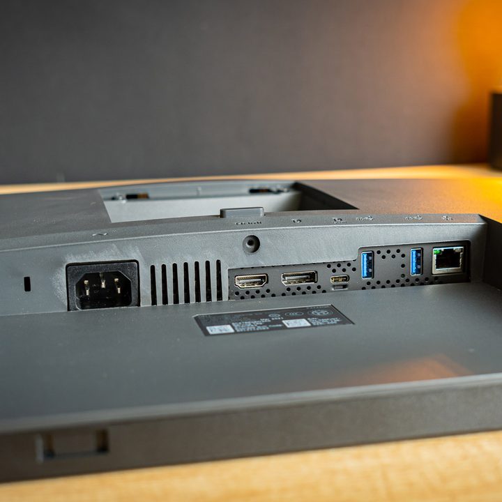 View of the Dell 32 4K USB-C Hub monitor's plug ins and ports.