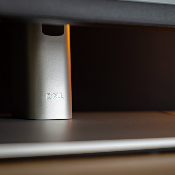 Dell 32 4K USB-C Hub monitor brightness settings stand closeup.