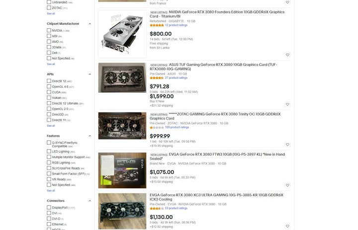 Listings for the RTX 3080 on eBay.