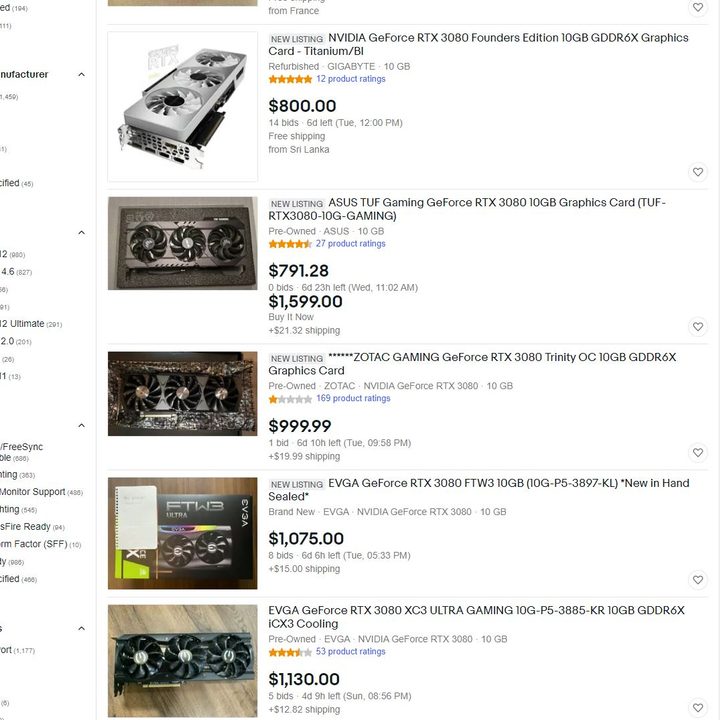 Listings for the RTX 3080 on eBay.