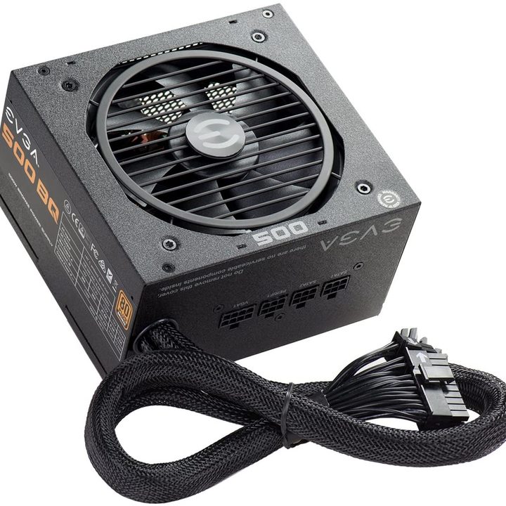 EVGA BQ 500W power supply on a white background.