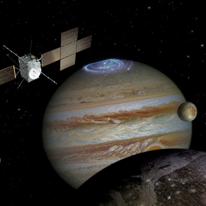 spacecraft: ESA/ATG medialab; Jupiter: NASA/ESA/J. Nichols (University of Leicester); Ganymede: NASA/JPL; Io: NASA/JPL/University of Arizona; Callisto and Europa: NASA/JPL/DLR