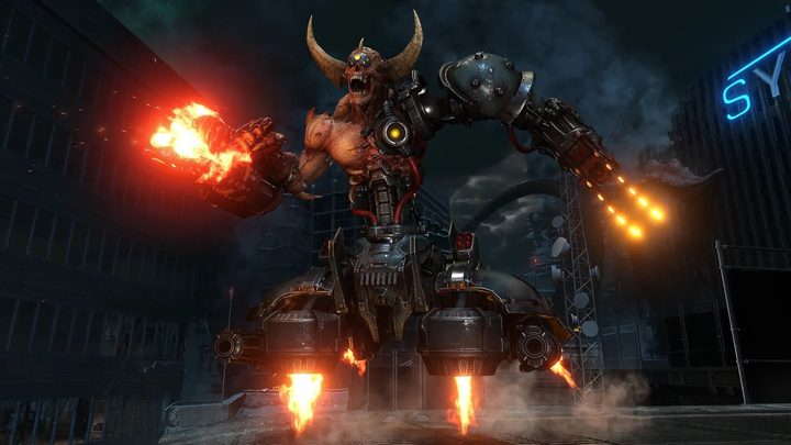 A massive demon hovers in Doom Eternal.