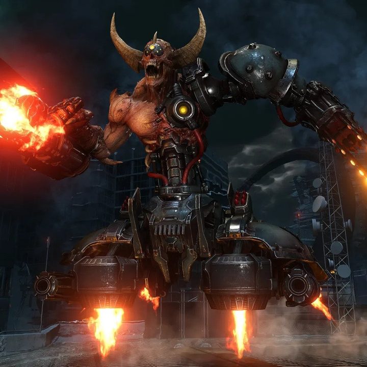 A massive demon hovers in Doom Eternal.