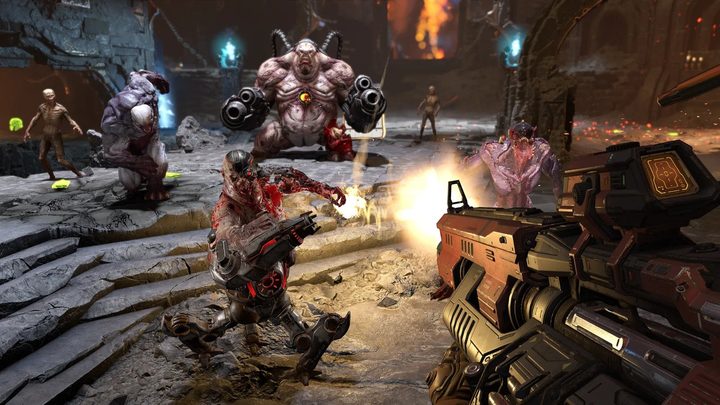 The Doom Slayer shoots demons in Doom Eternal.