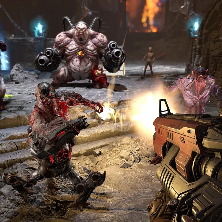 The Doom Slayer shoots demons in Doom Eternal.