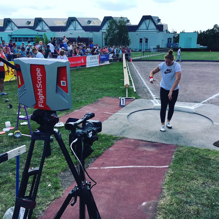 A shot putter using a radar tracking system.