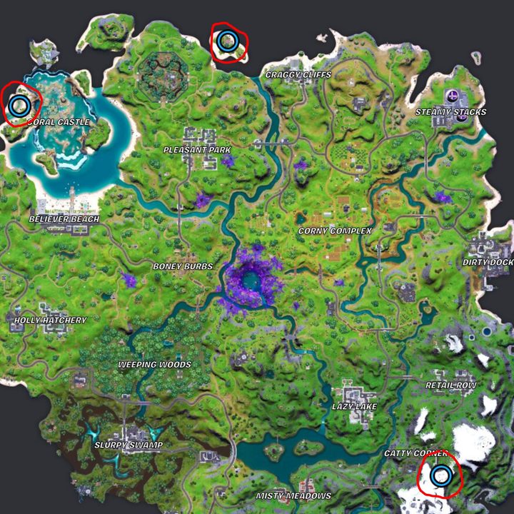 Map of Coral Cove, Base Camp Golf, and Unremarkable Shack in Fortnite.