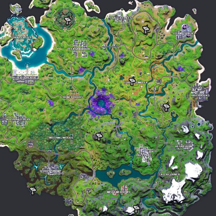 Map of satellite locations in Fortnite.