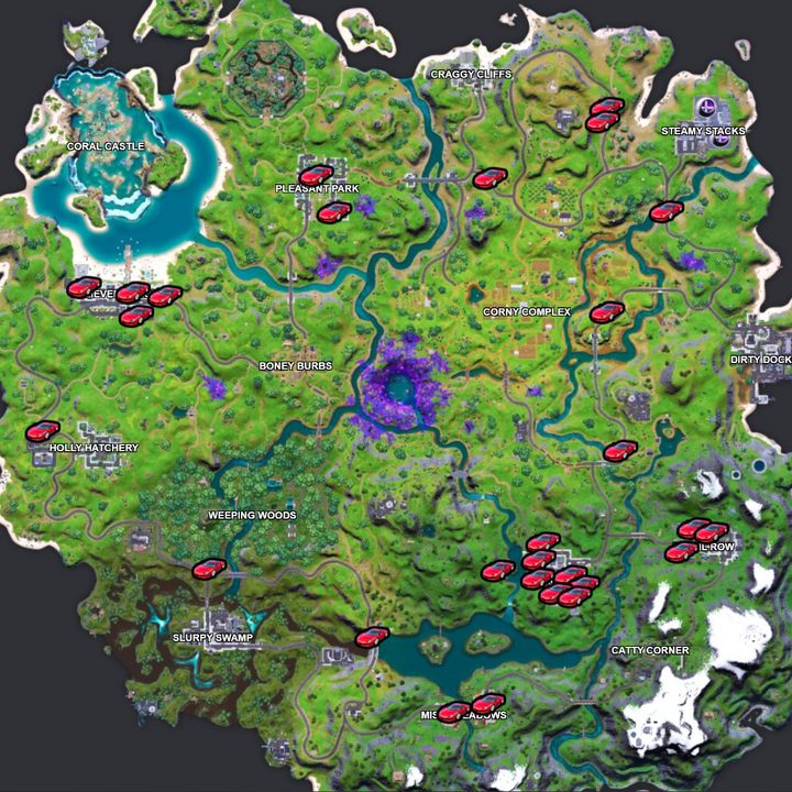 Map of all Whiplash locations in Fortnite.