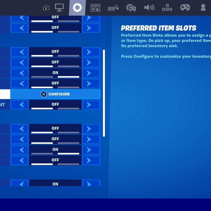 Game settings menu in Fortnite.