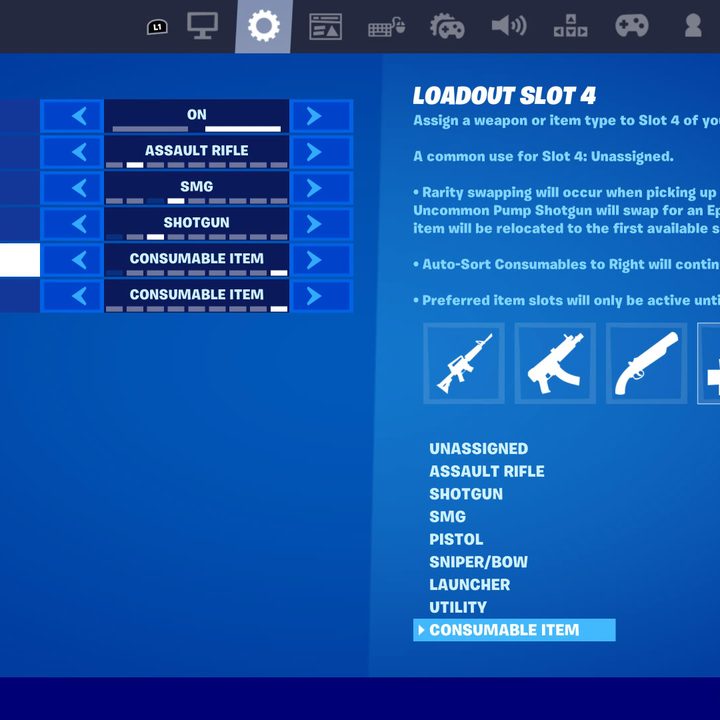 Preferred item slot settings in Fortnite.
