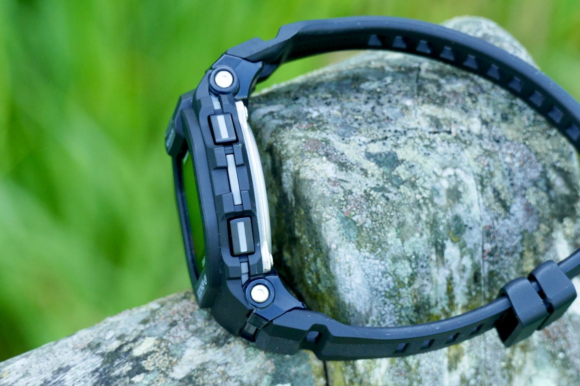 The Casio G-Shock GBD-200 grey buttons.