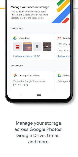 Google One app showing storage.