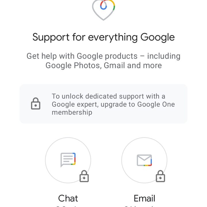 Google One app showing the support page.