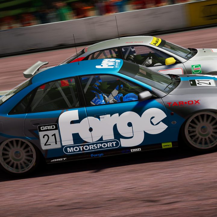 Two cars race side by side in Grid Legends.