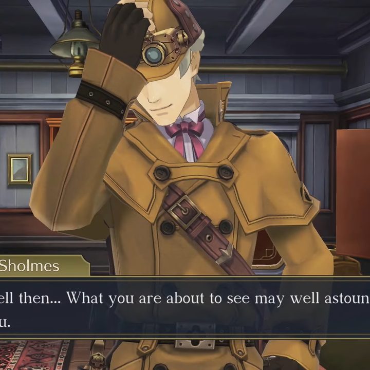 The Great Ace Attorney, Herlock Sholmes holding his hat.