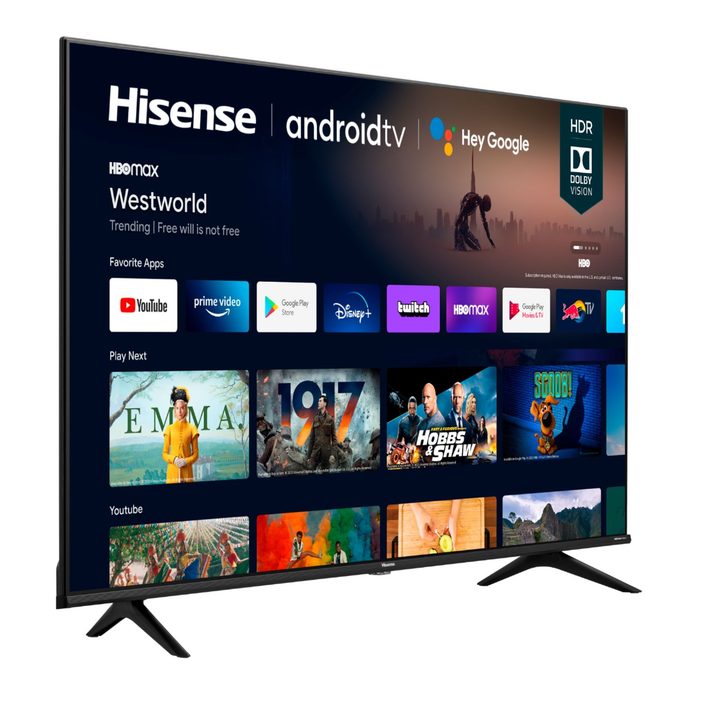 The 70-inch Hisense 70A6G 4K TV with the Android TV home screen on the display.