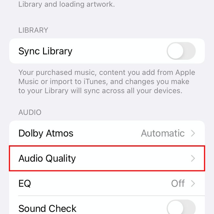 The iOS 15 Settings menu for Music. Audio Quality is highlighted in red.