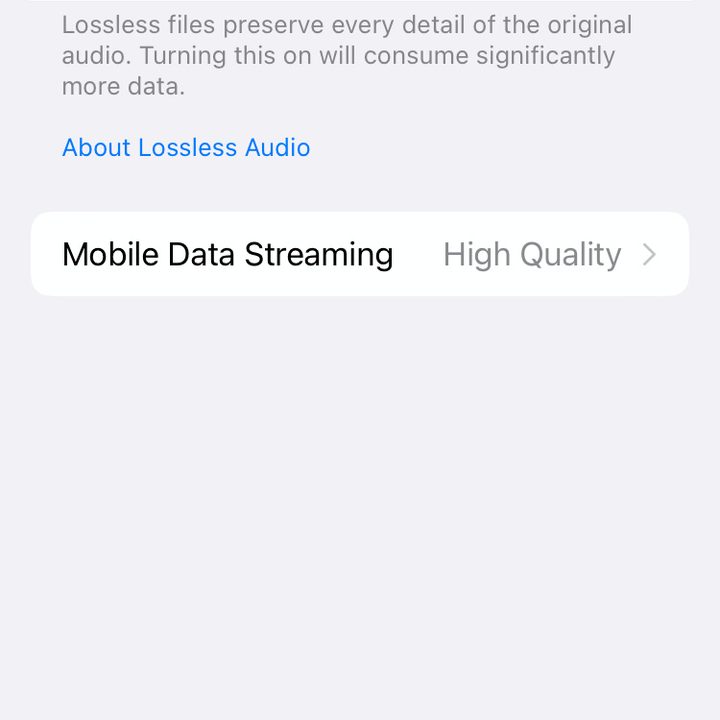 The iOS 15 Audio Quality menu in Settings. Lossless Data is highlighted in red.