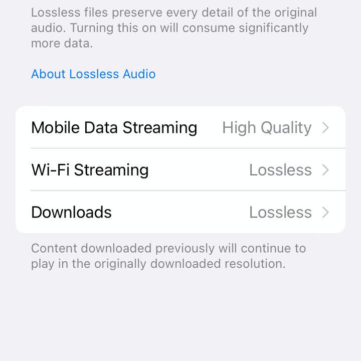 The iOS 15 settings menu for Audio Quality. Lossless Audio is switched on.