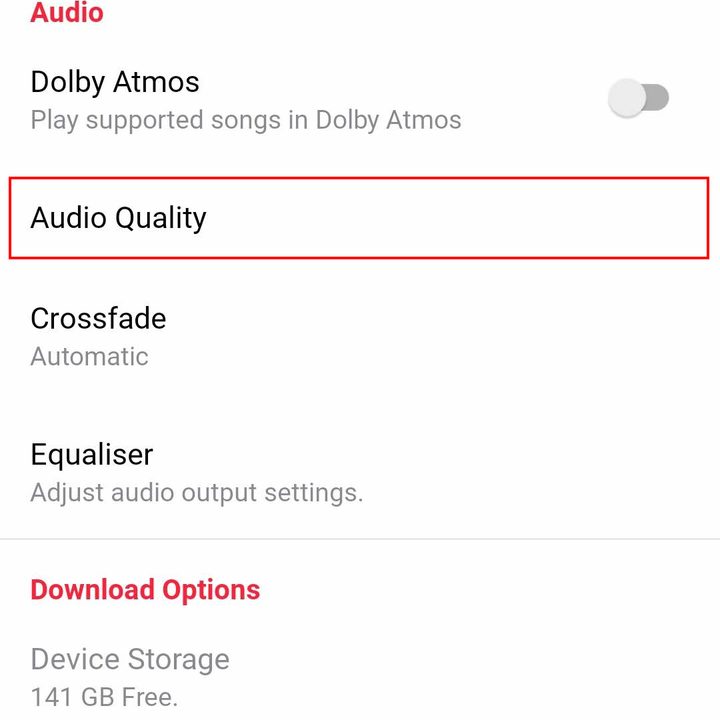 The Settings menu for the Apple Music Android app. The Audio Quality button is highlighted in red.