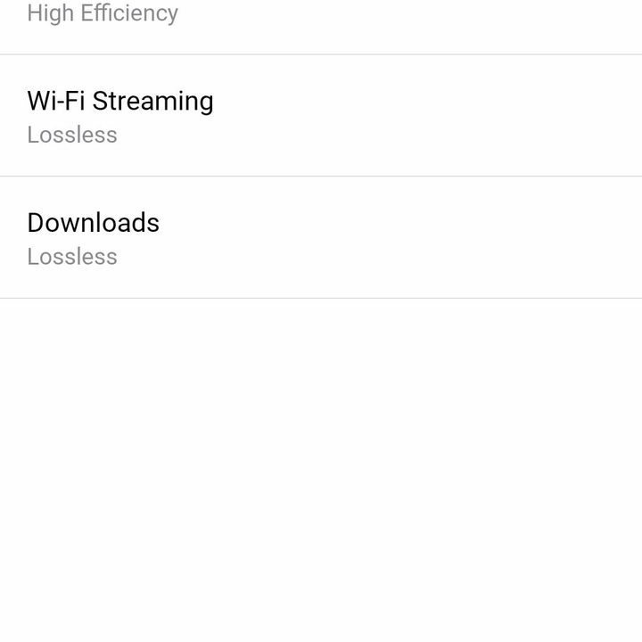 The Audio Quality menu for the Apple Music Android app. The Lossless Audio button is highlighted in red.
