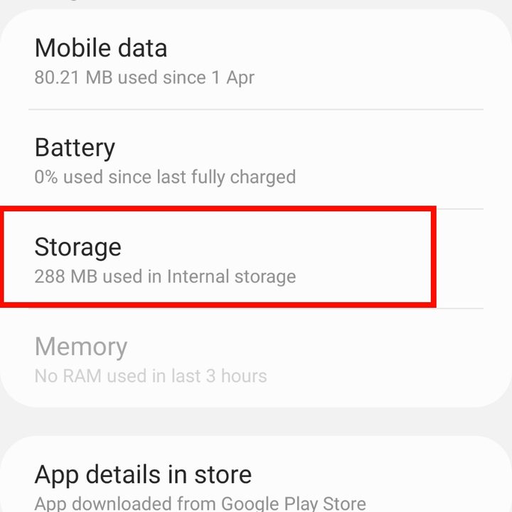 The Storage menu on Android.