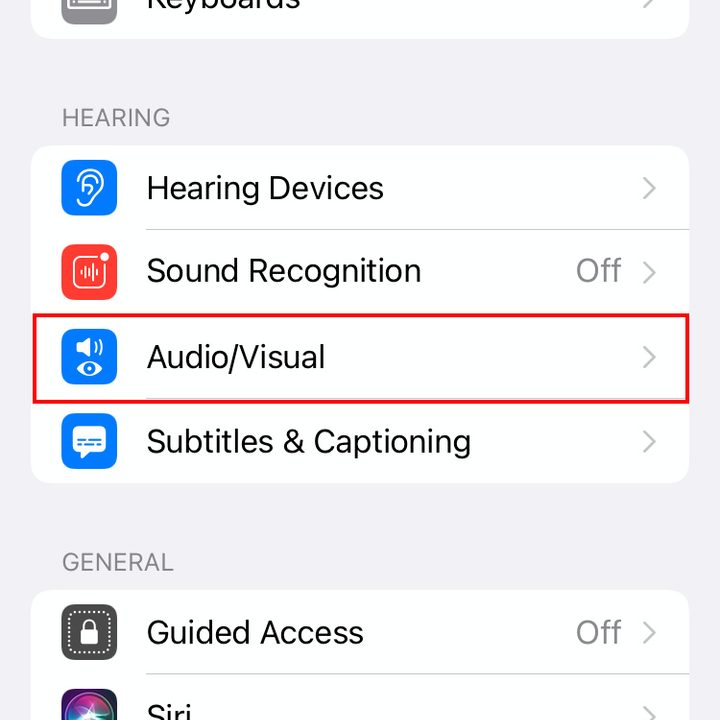 The iOS 15 Accessibility menu. Audio/Visual is highlighted in red.