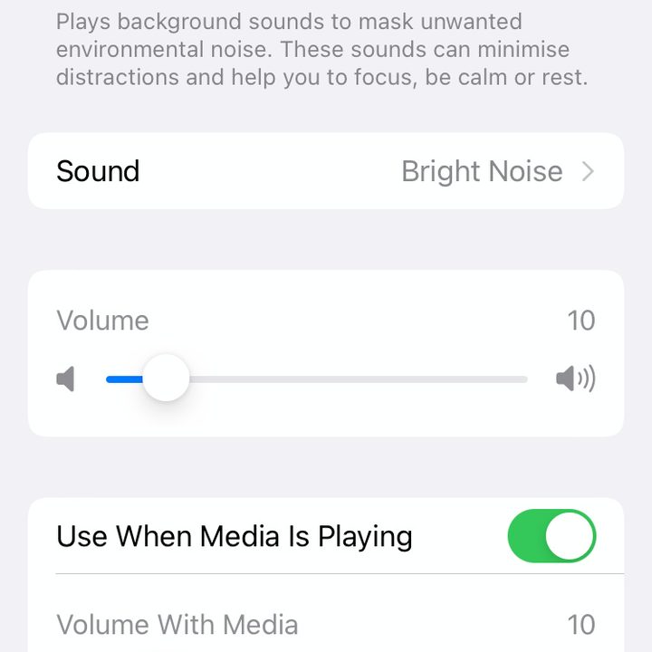 The main iOS 15 Background Sounds menu.