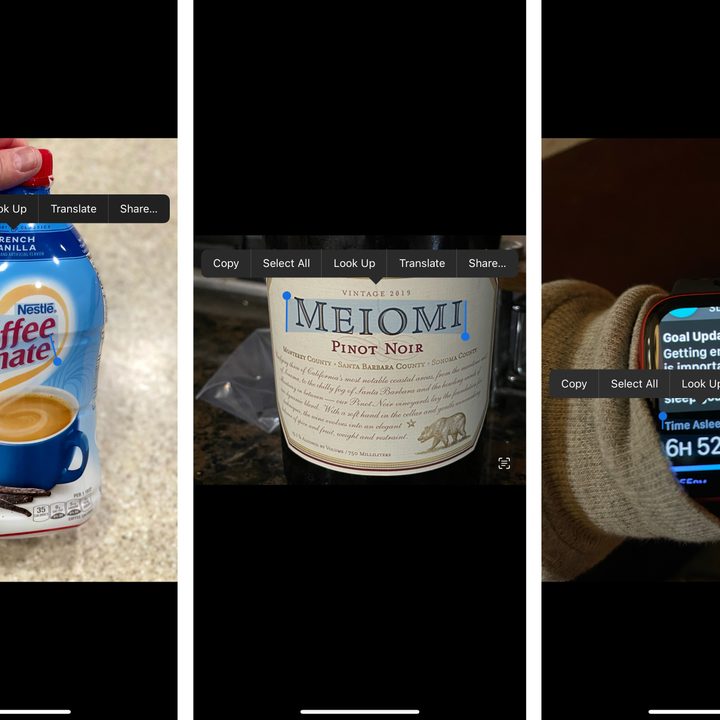 Live Text in use, with text being selected on a bottle of Coffee Mate, wine, and on an Apple Watch.
