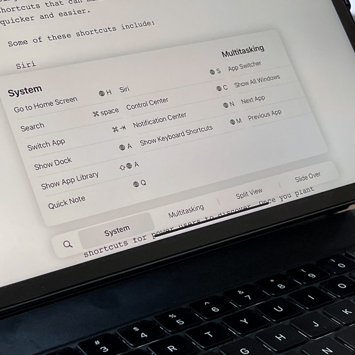 A menu on an iPad screen shows globe-key keyboard shortcuts.