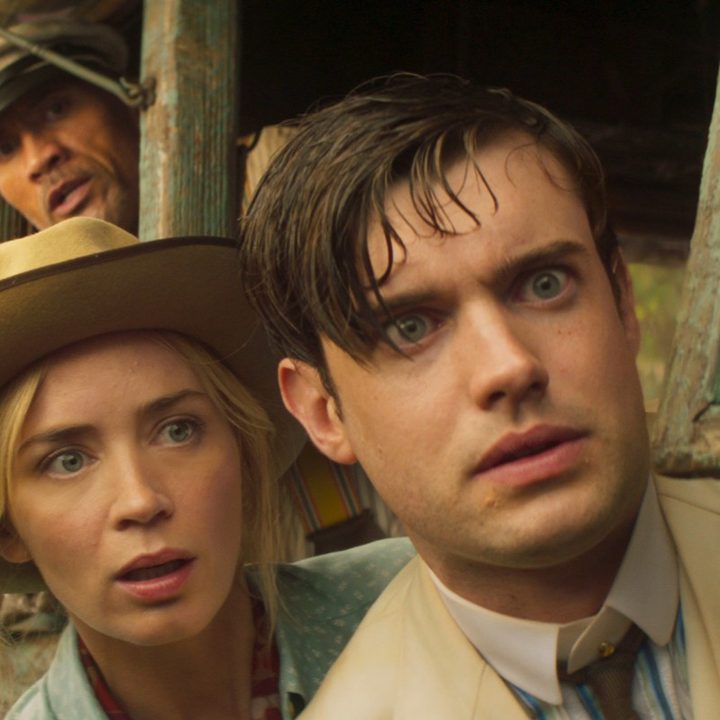 Dwayne Johnson, Emily Blunt, and Jack Whitehall in a scene from Disney's Jungle Cruise movie.