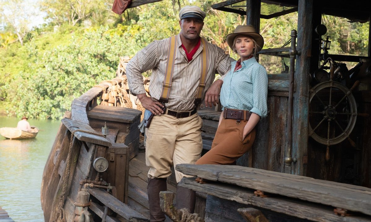 Dwayne Johnson and Emily Blunt in a scene from Disney's Jungle Cruise movie.