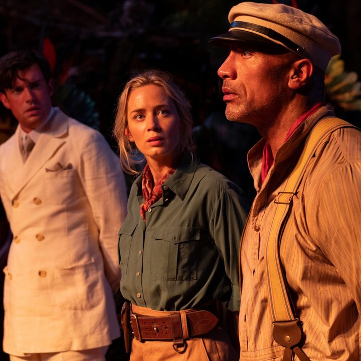 Jack Whitehall, Emily Blunt, and Dwayne Johnson in a scene from Disney's Jungle Cruise movie.